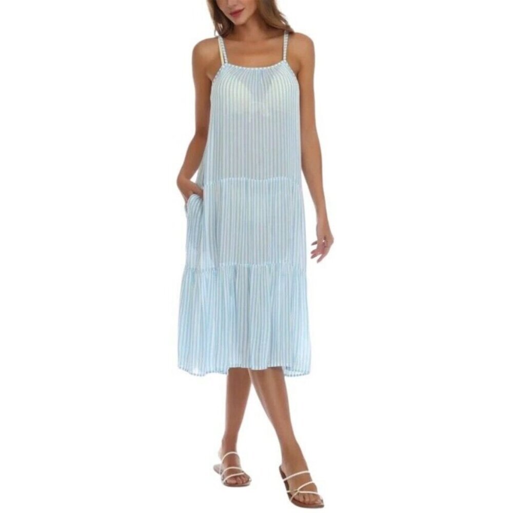 Raviya NWT Size S Blue White Striped Semi Sheer Tiered Dress Swimsuit Cover Up‎